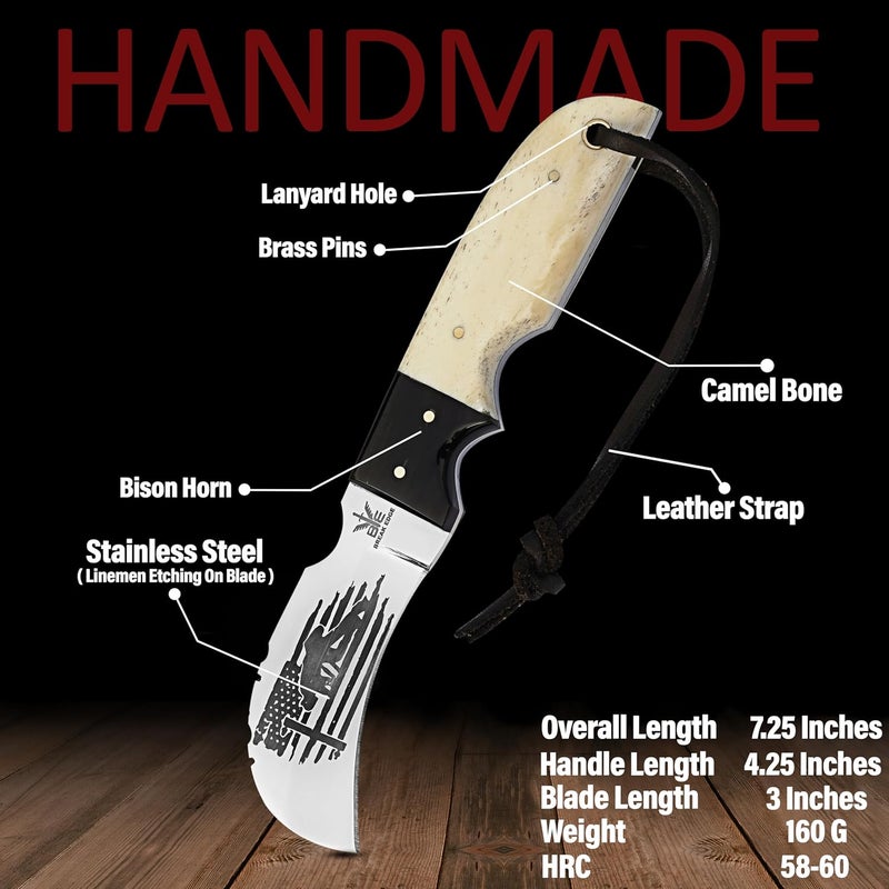BE BREAK EDGE Handmade Stainless Steel Lineman’s Hawkbill knife with Leather sheath, Heavy Duty Utility Knife blade Electrician Wire Skinning knife for professional, - Image 2